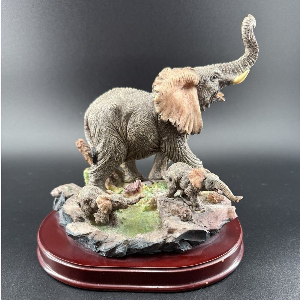 Vintage UGC Hand Crafted Resin Elephant Family Figurine On Wooden Base Trunk Up